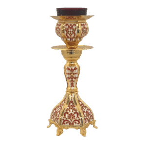 Ornate church candle holder with gold and red enamel detailing, ideal for liturgical ceremonies and religious services. Crafted with traditional ecclesiastical artistry in Greece.