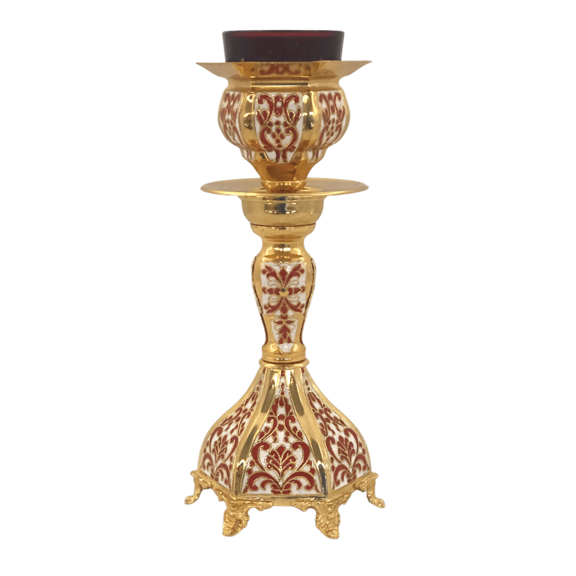 Ornate church candle holder with gold and red enamel detailing, ideal for liturgical ceremonies and religious services. Crafted with traditional ecclesiastical artistry in Greece.