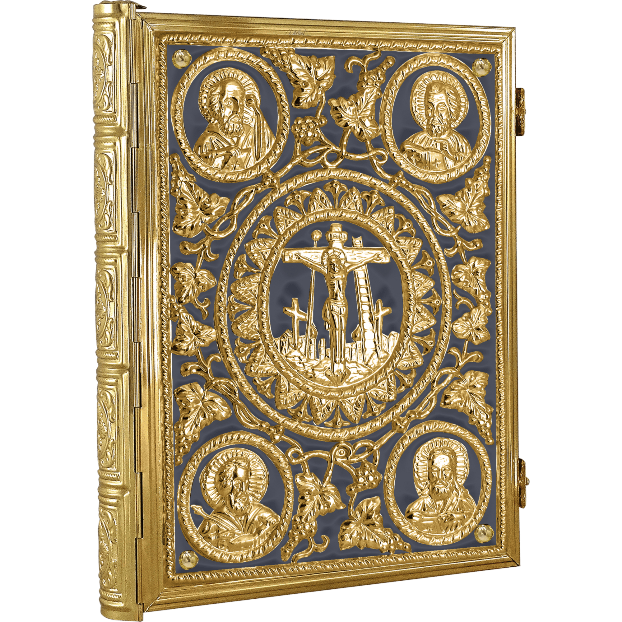 Ornate gold-plated religious icon with crucifix, saints, and intricate floral detailing, ideal for church decoration and sacred display, crafted by Tsa Tsaroni Antonios.