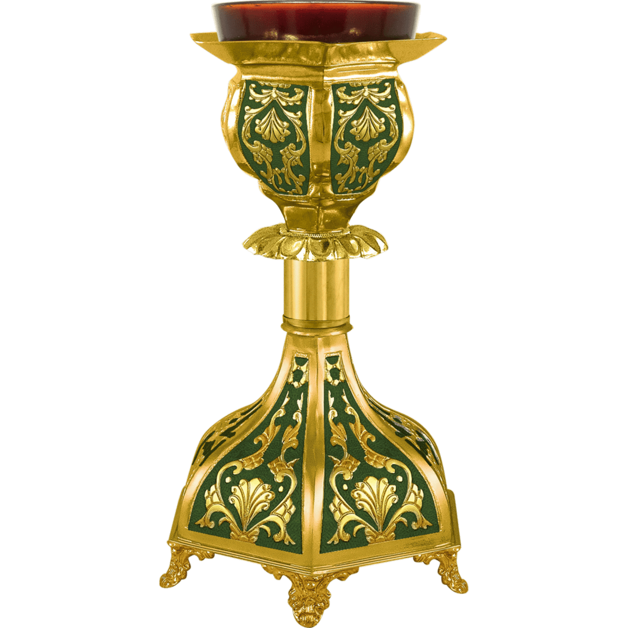 Elegant gold and green ecclesiastical candle holder for church rituals and religious ceremonies. Crafted with intricate design, ideal for Orthodox liturgical practices and religious decorations.