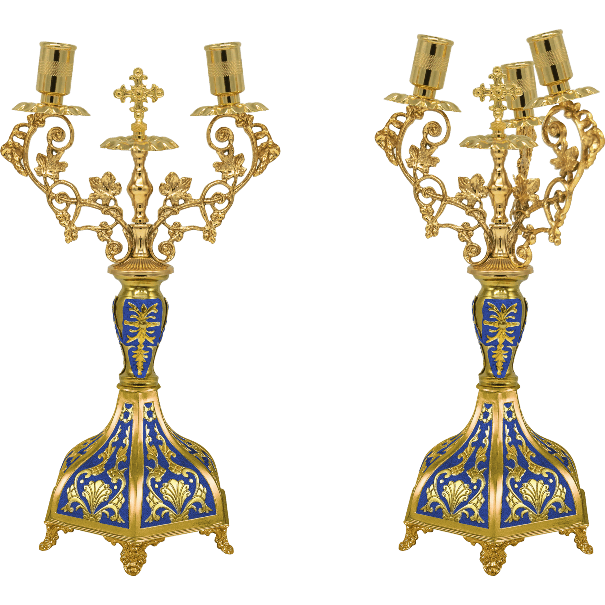 Ornate gold and blue ecclesiastical candle holder set, decorative church accessories, traditional religious liturgical items, religious ceremony decor, sacerdotal liturgical church supplies.