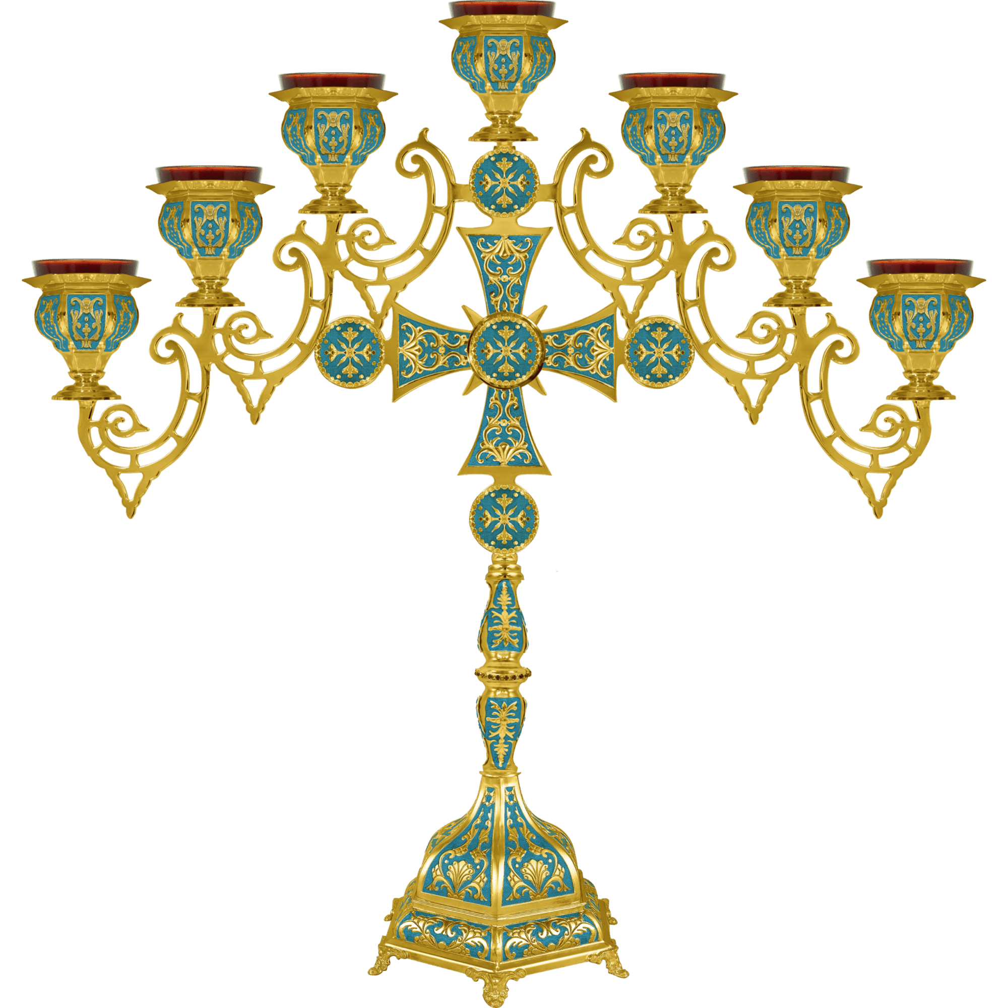 Golden chandelier with blue and gold ornate religious decoration, ideal for church altar lighting, traditional ecclesiastical items, and Orthodox Church churchware.