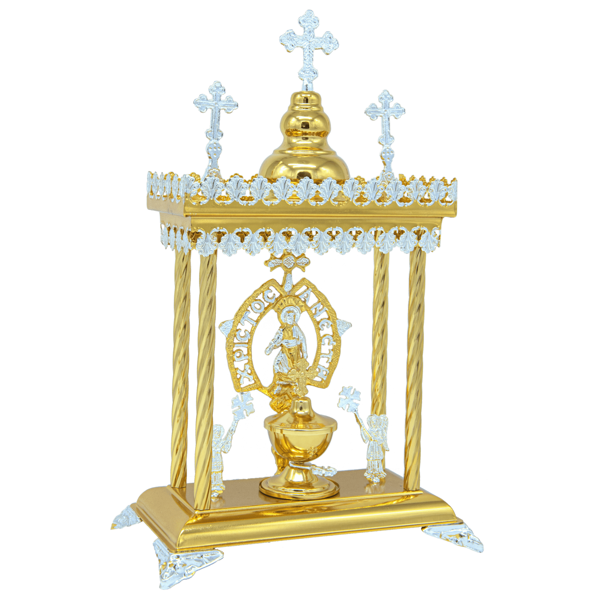Ornate religious Eucharist canopy with gold and silver crosses for church use, craftsmanship by Tatsaroni Antonios, ideal for church ceremonies and religious events.