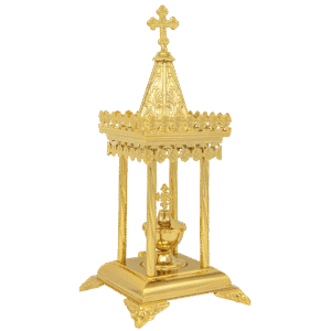 Intricate gold church censer with ornate cross, perfect for ecclesiastical ceremonies and religious rituals, crafted with high-quality metal for durability and tradition.