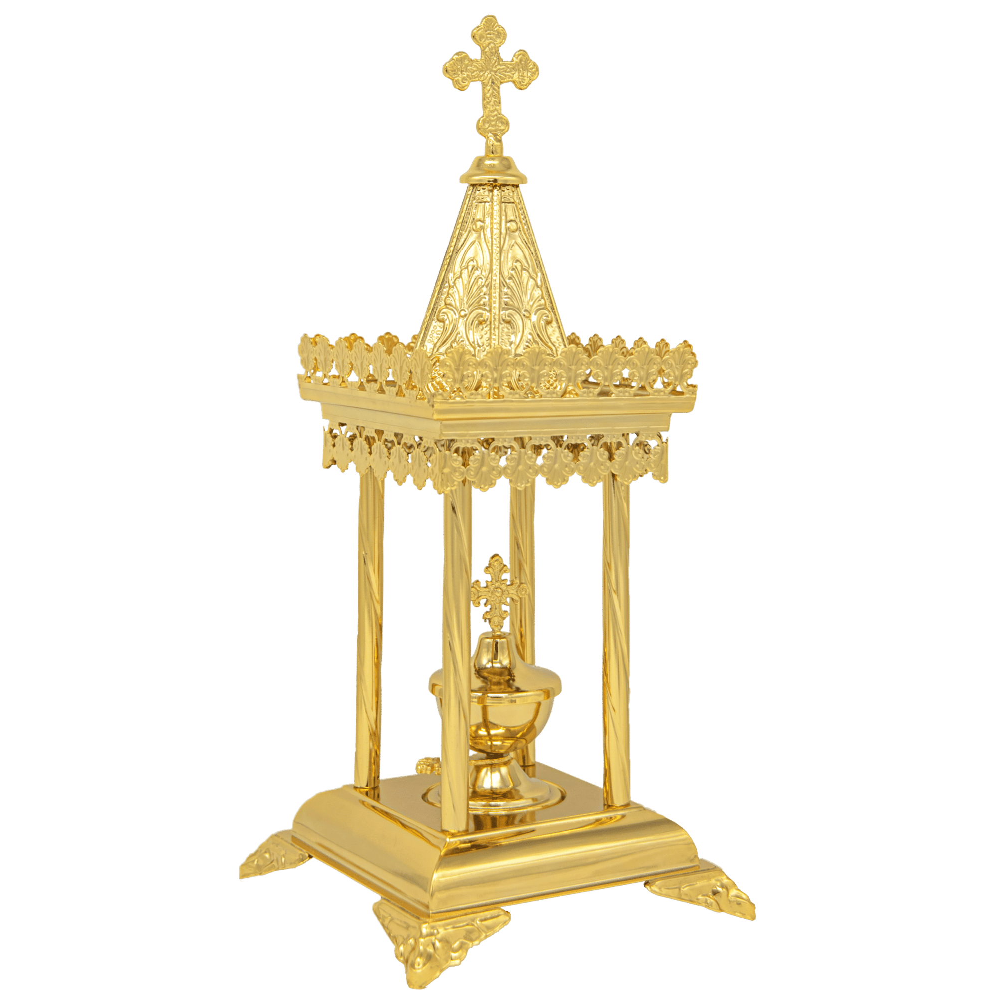 Intricate gold church censer with ornate cross, perfect for ecclesiastical ceremonies and religious rituals, crafted with high-quality metal for durability and tradition.