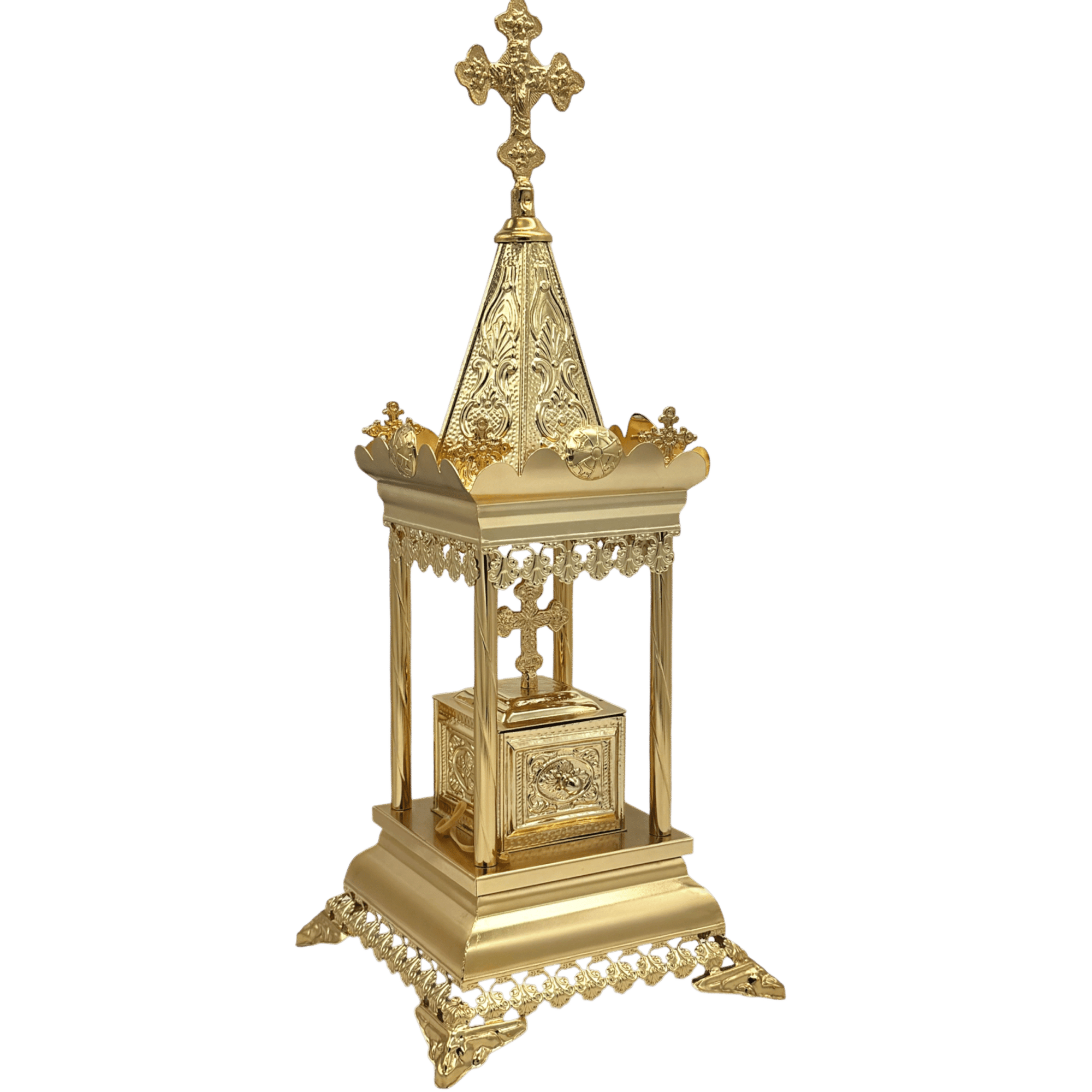 Intricately designed gold ecclesiastical reliquary with religious symbols, used for storing holy relics in Orthodox Christian traditions.