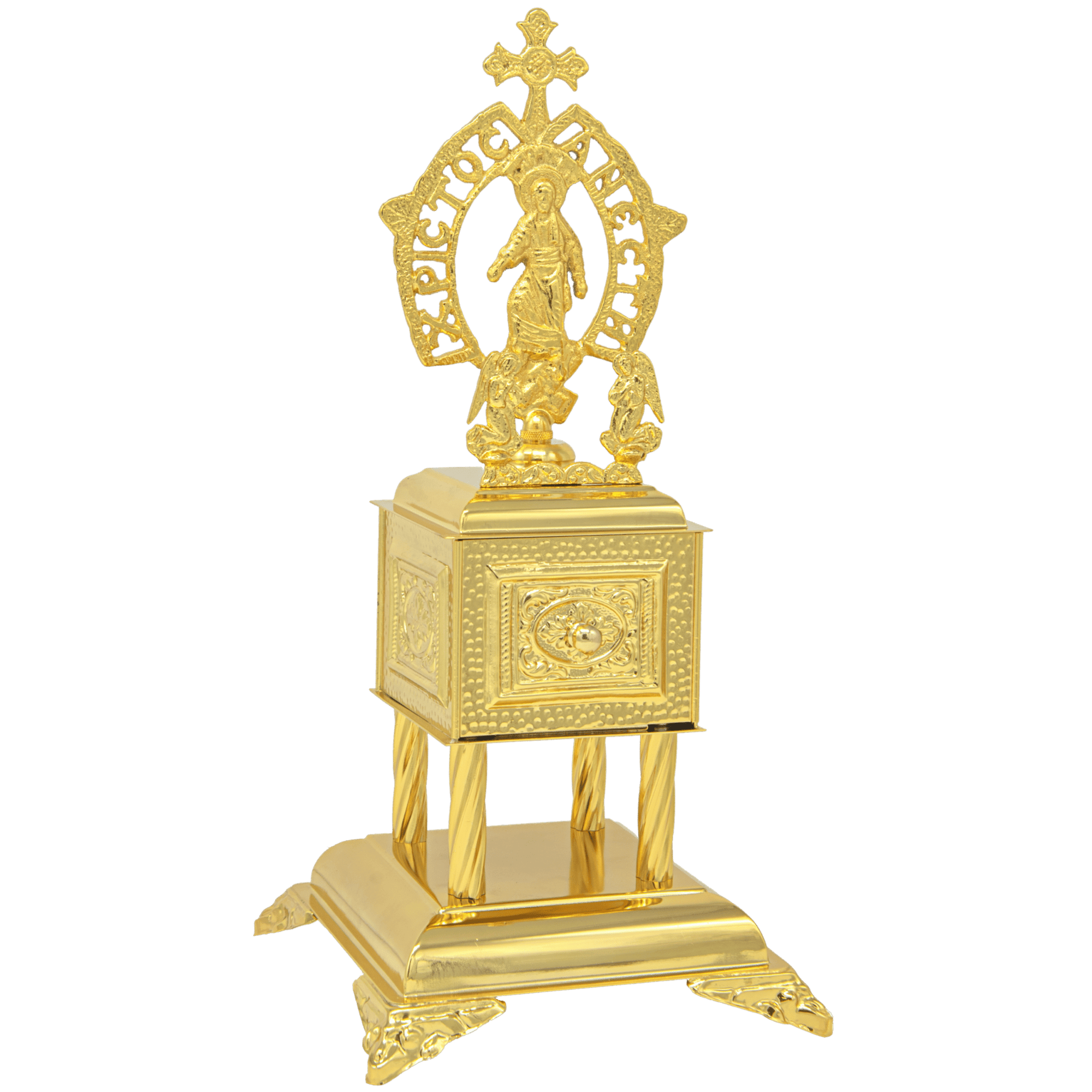 Intricately designed gold Anglican liturgical relic and icon, Orthodox religious sacred church item, religious ceremony accessory, church ritual decoration, ecclesiastical ecclesiastical art, Christian Orthodox church item, priestly church artifact, religious altar ornament, sacred church adornment, Orthodox Christian liturgical item.