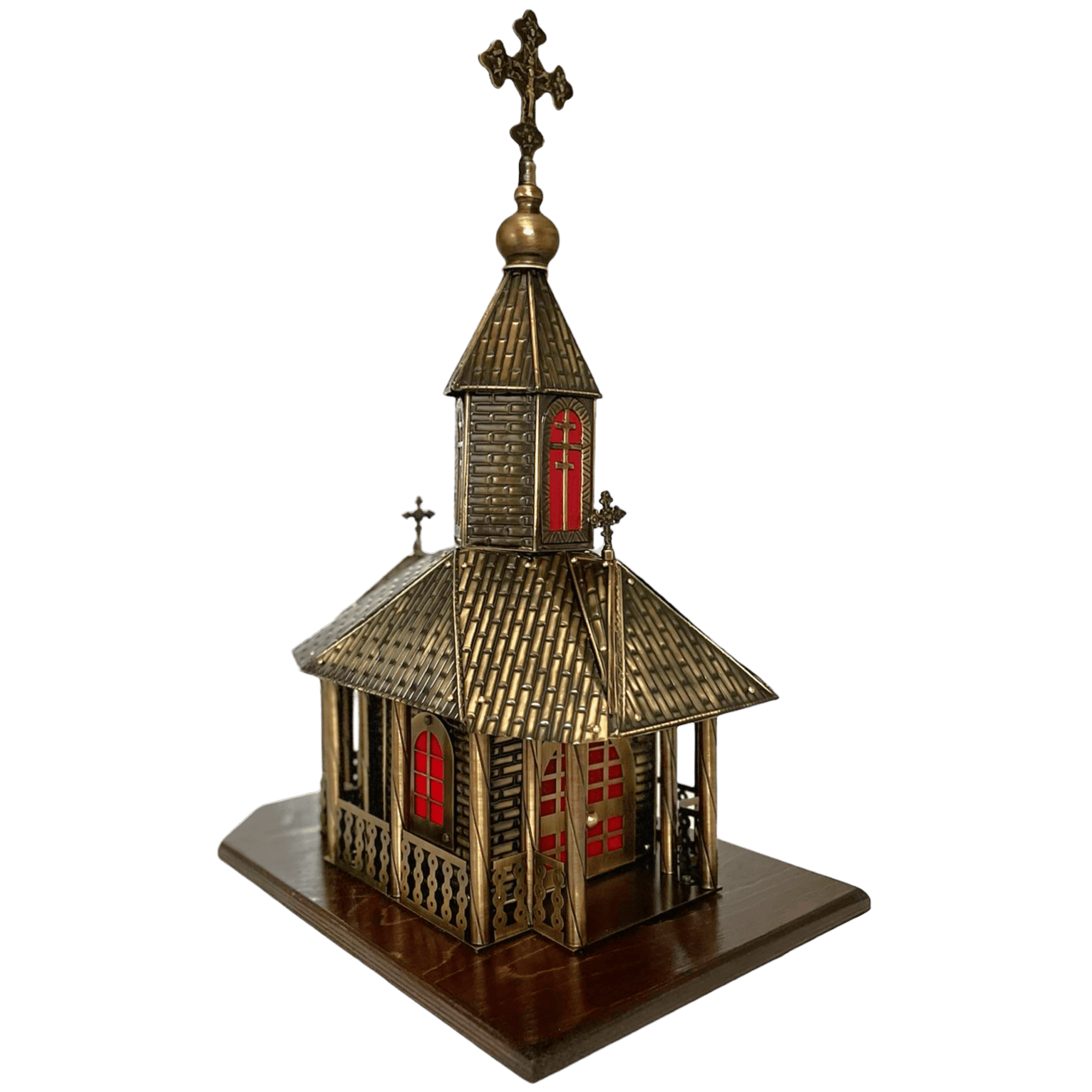 Ornate wooden church model with detailed architecture, red window accents, and a cross-topped steeple, perfect for religious ritual decoration and church supplies.