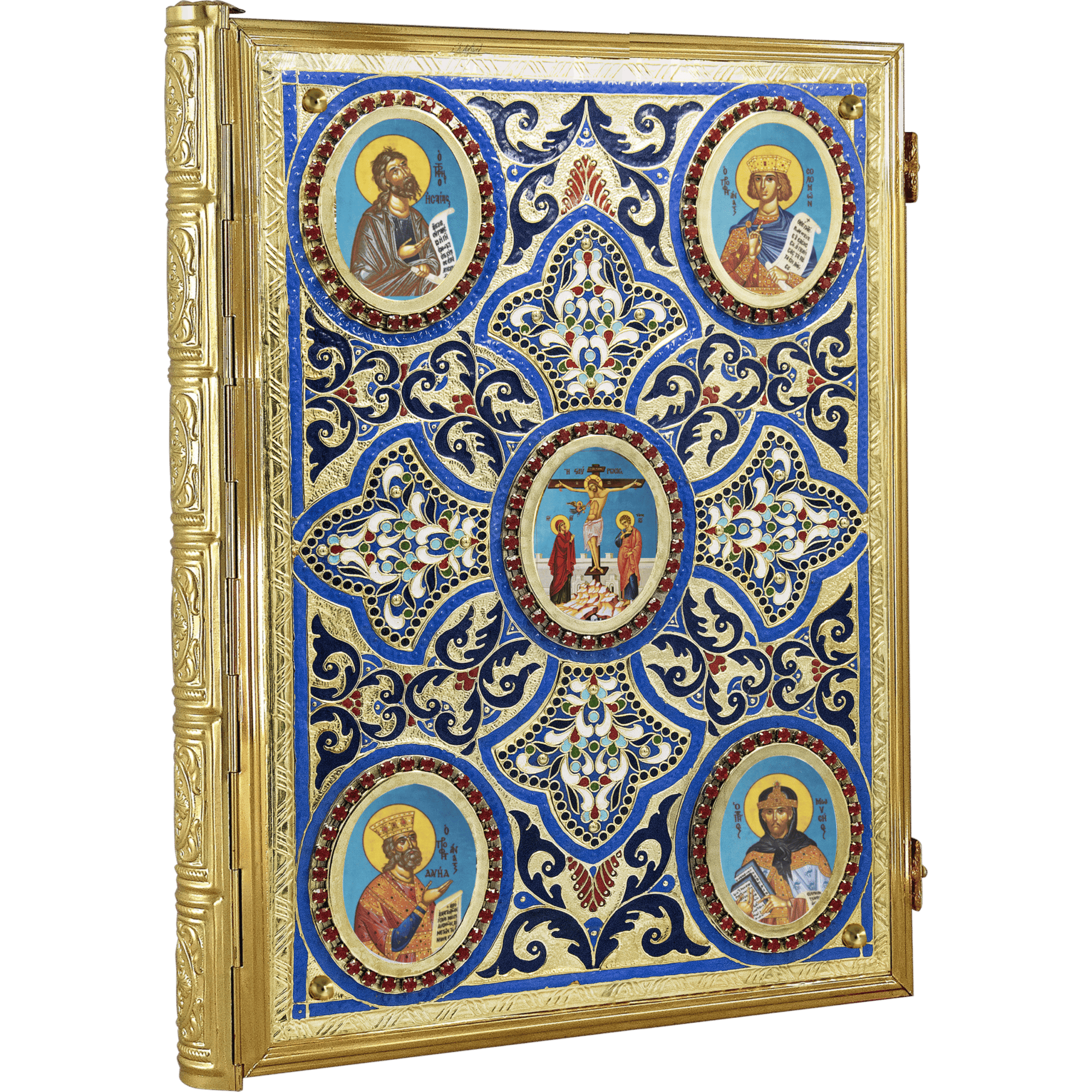 Old Byzantine-style religious iconography framed with ornate gold, featuring detailed images of saints and sacred scenes, designed for church decorations and ecclesiastical use.