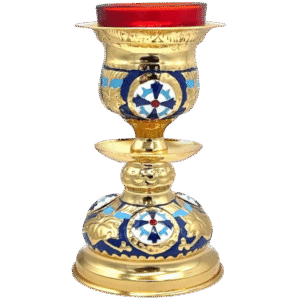 Ornate gold and blue sacred liturgical vessel with religious motifs, perfect for church ceremonies and Orthodox religious services.