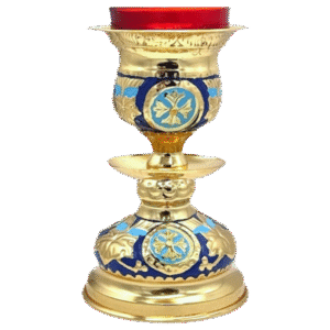 Ornate religious candle holder with gold, blue, and red decorative details for church services and ceremonies.