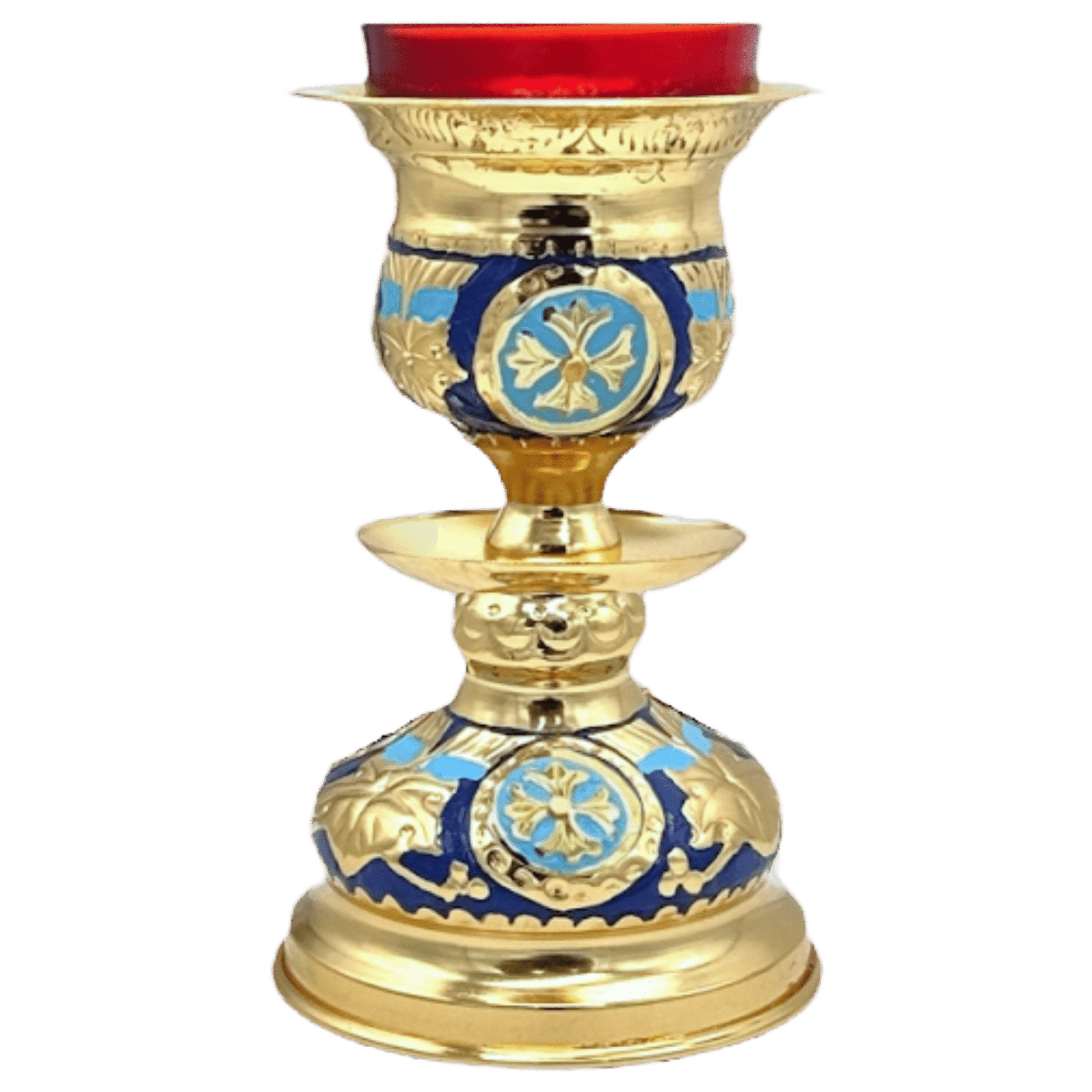 Ornate religious candle holder with gold, blue, and red decorative details for church services and ceremonies.