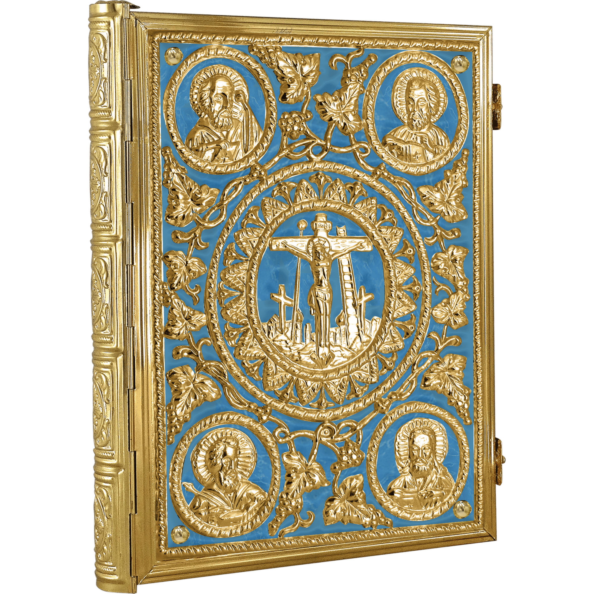 Ornate religious iconostasis with gold-plated crucifix and portraits of saints, showcasing high-quality ecclesiastical items, religious artifacts, and church accessories for Orthodox faith.