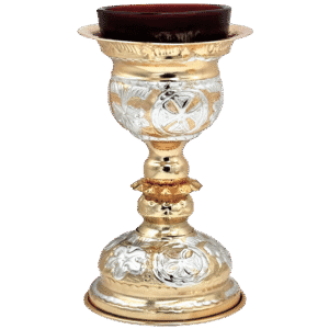 Elegant religious altar candle holder with intricate silver and gold detailing, ideal for church ceremonies and Orthodox Christian worship. Perfect for ecclesiastical use.
