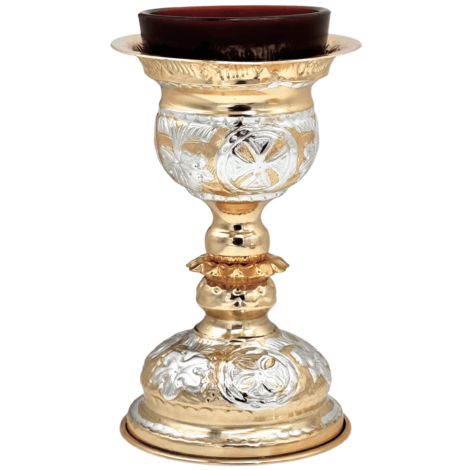 Elegant religious altar candle holder with intricate silver and gold detailing, ideal for church ceremonies and Orthodox Christian worship. Perfect for ecclesiastical use.