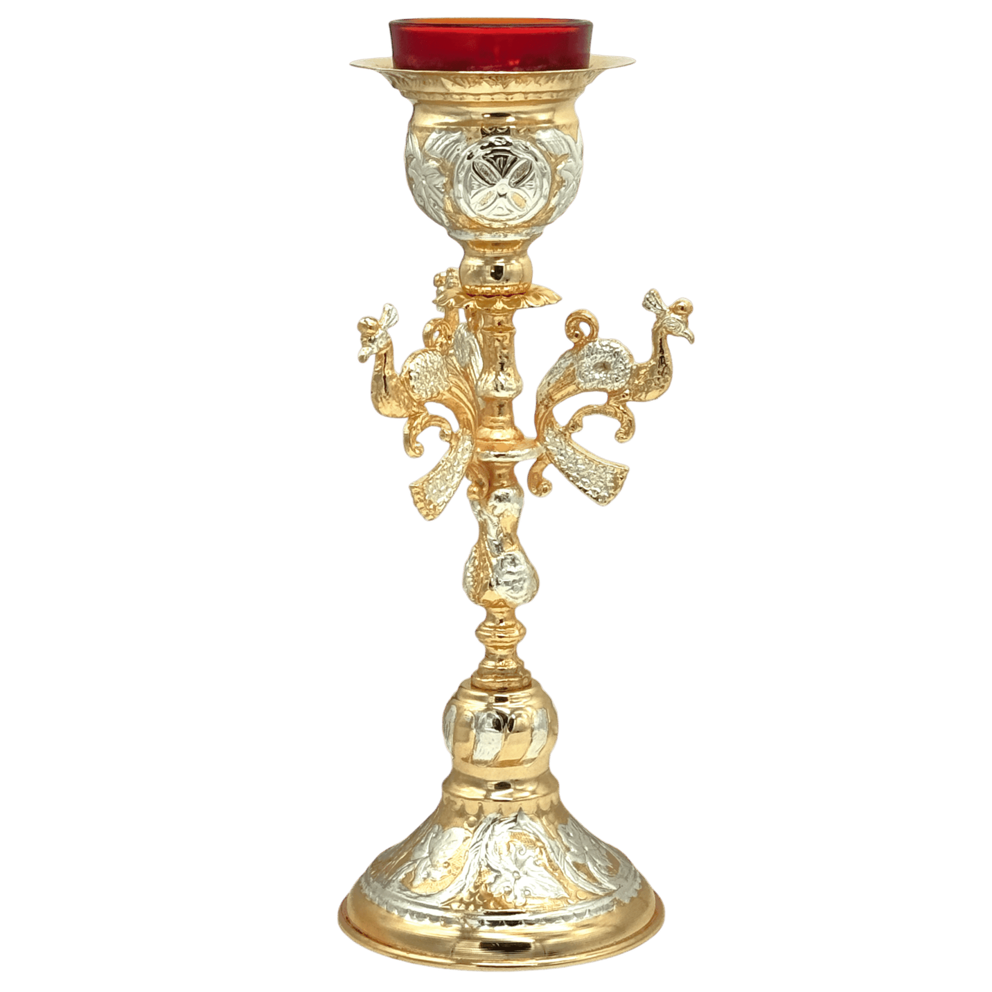 Ornate gold Christian candle holder with intricate design and religious symbols, used for church ceremonies and religious rituals.