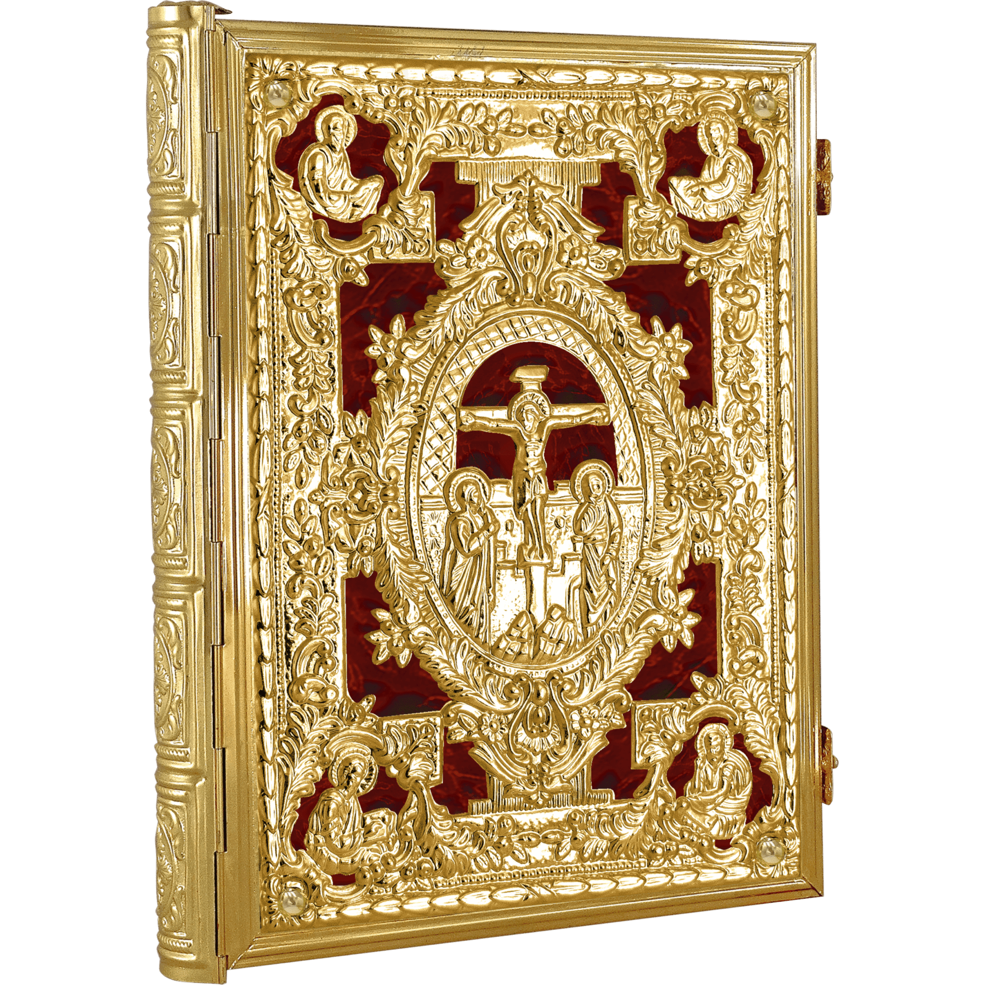 Ornate gold-plated religious icon with detailed carvings of Jesus Christ on the cross, surrounded by saints and biblical scenes, used for church worship and Orthodox Christian ceremonies.