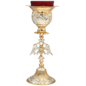 Shining gold and silver religious candle holder with ornate detailing, used in church ceremonies and Orthodox Christian rituals, crafted by Tsa tsaronis Antonios, specializing in ecclesiastical items.