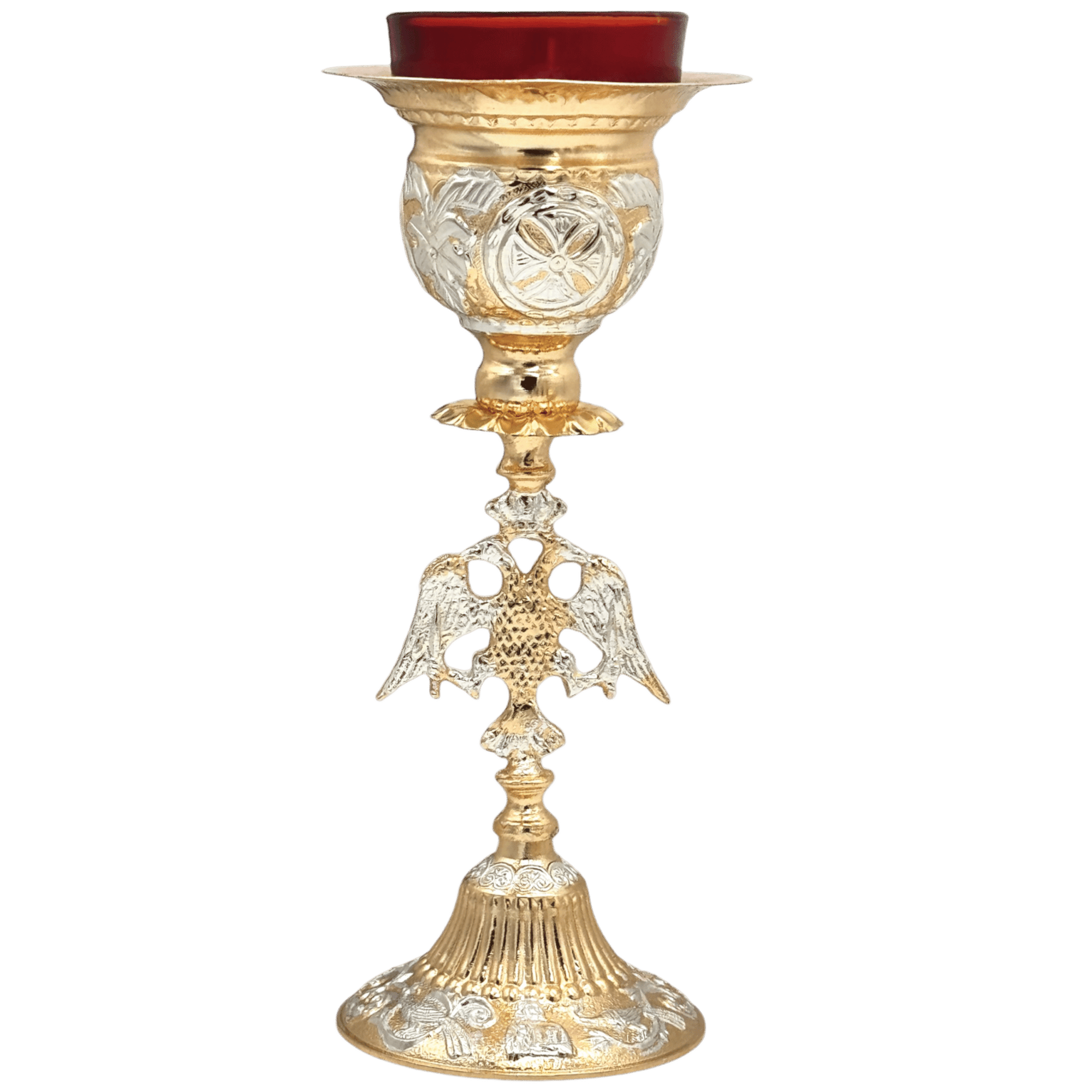 Shining gold and silver religious candle holder with ornate detailing, used in church ceremonies and Orthodox Christian rituals, crafted by Tsa tsaronis Antonios, specializing in ecclesiastical items.