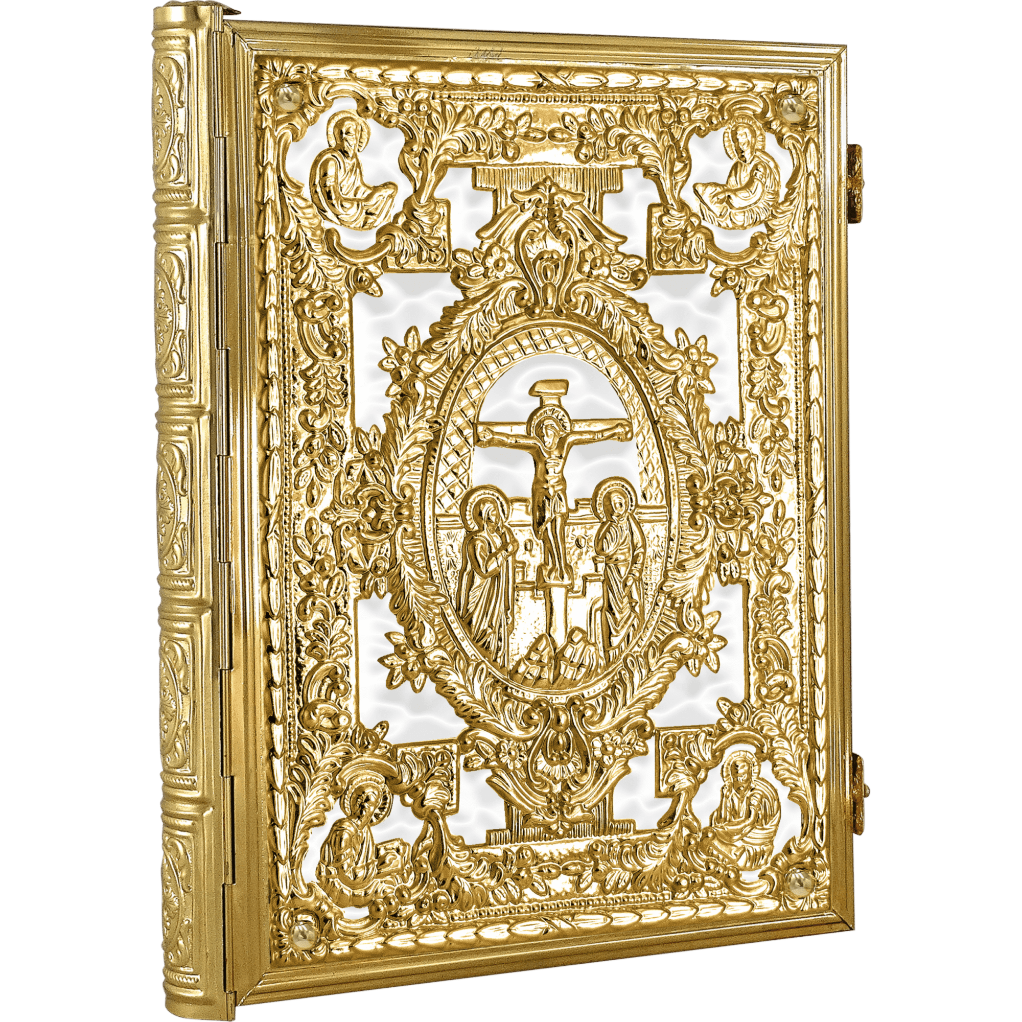 Intricately designed gold-plated religious icon with detailed depictions of the crucifixion scene, saints, and biblical figures, ideal for church use and religious ceremonies.