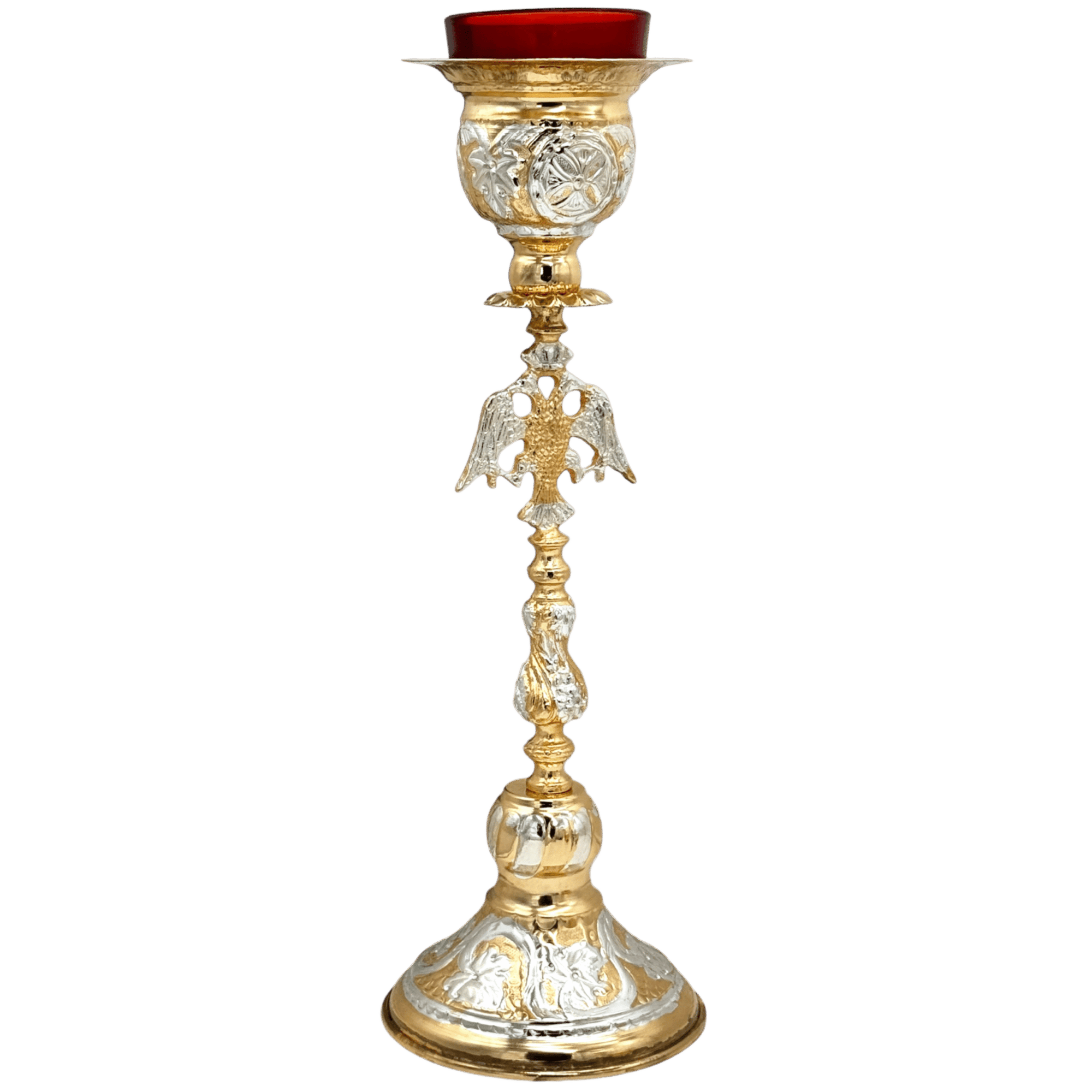 Ornate Orthodox Christian candle holder with gold and silver accents, featuring religious motifs and a red glass cup for the candle, ideal for church ceremonies and religious rituals.