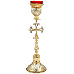 Elegant gold and silver Orthodox church candle holder with detailed design, featuring a cross and religious motifs for ecclesiastical ceremonies.