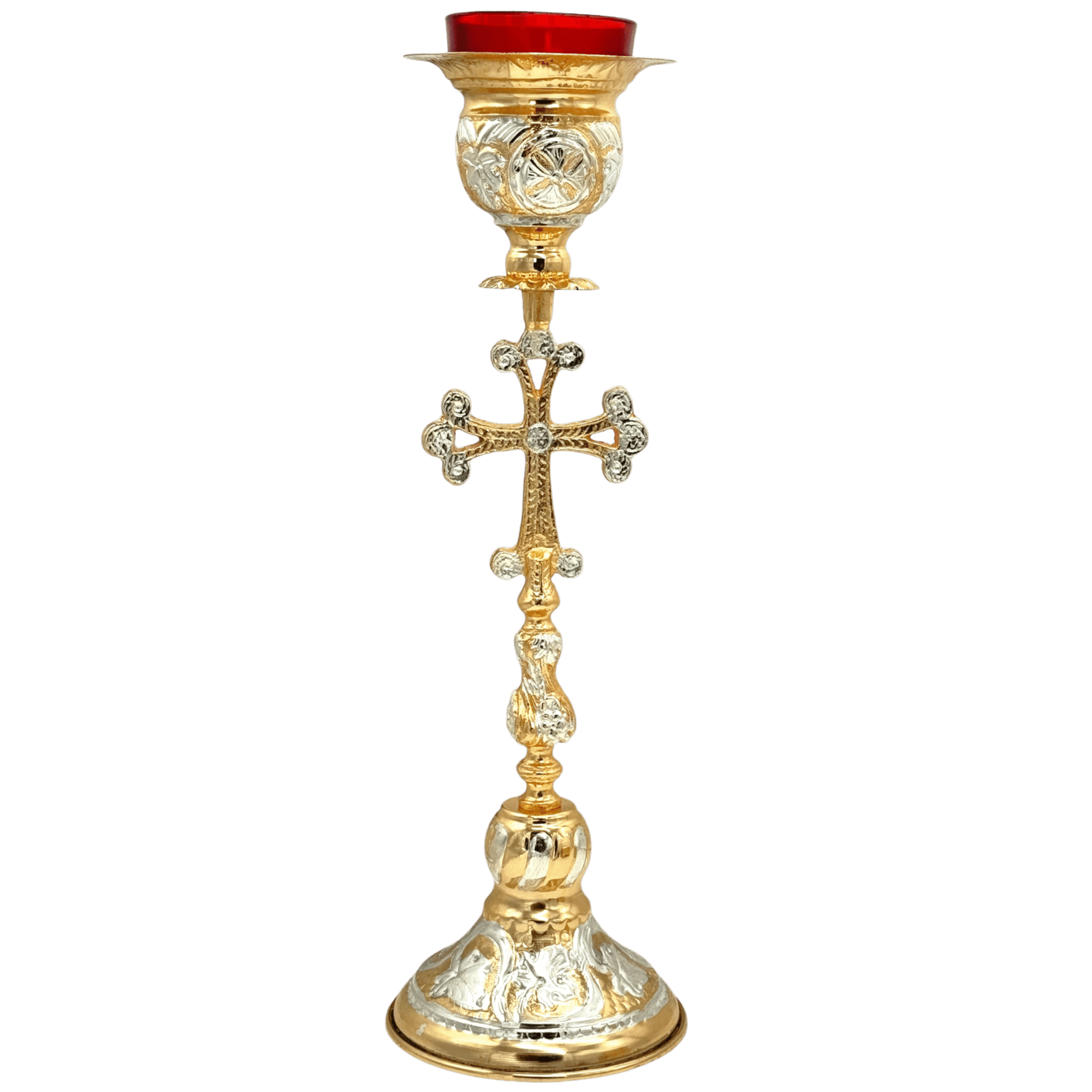 Elegant gold and silver Orthodox church candle holder with detailed design, featuring a cross and religious motifs for ecclesiastical ceremonies.