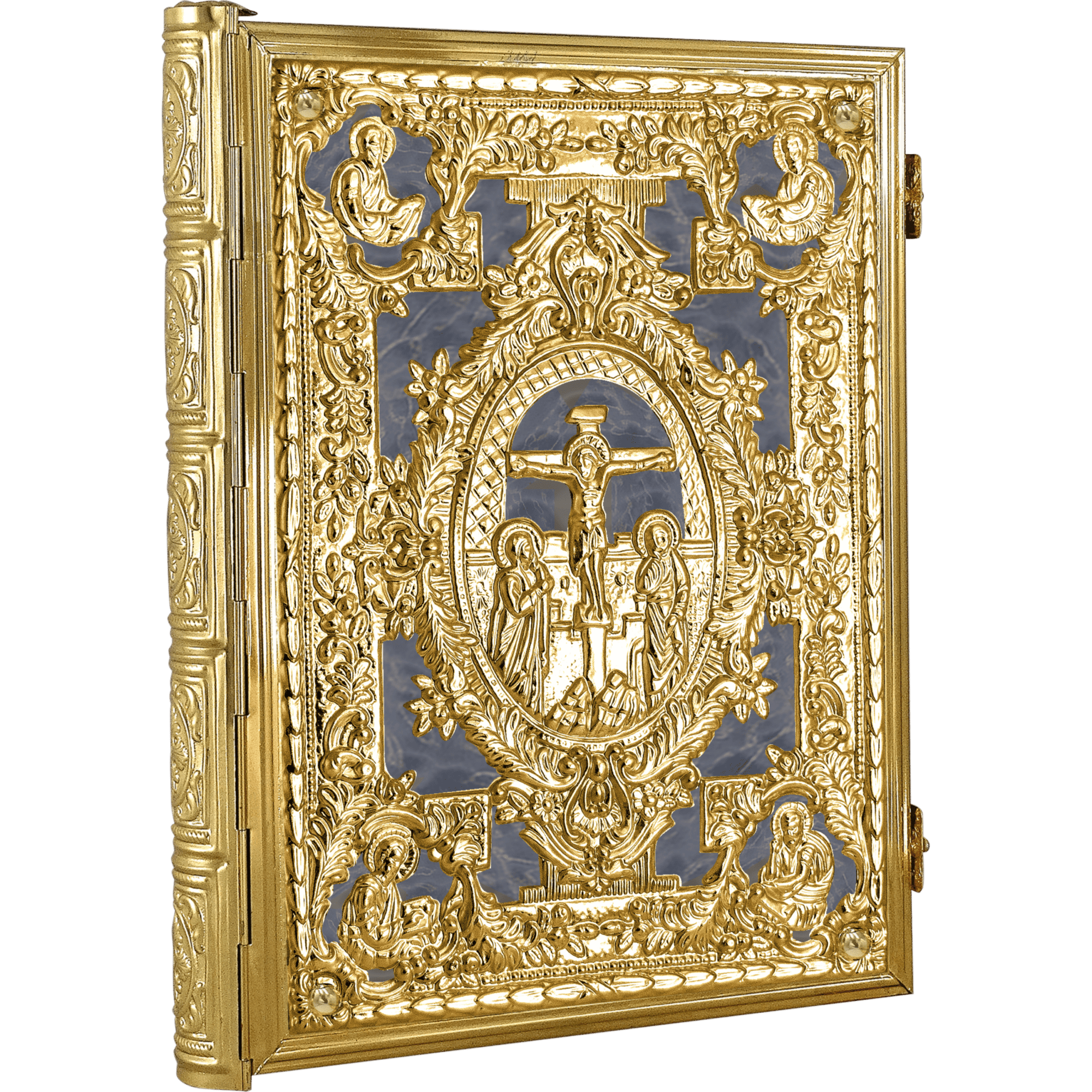 Intricate gold-plated religious icon featuring detailed religious scenes, including the crucifixion of Jesus Christ, surrounded by ornate floral and scroll motifs, designed for church decorative use.