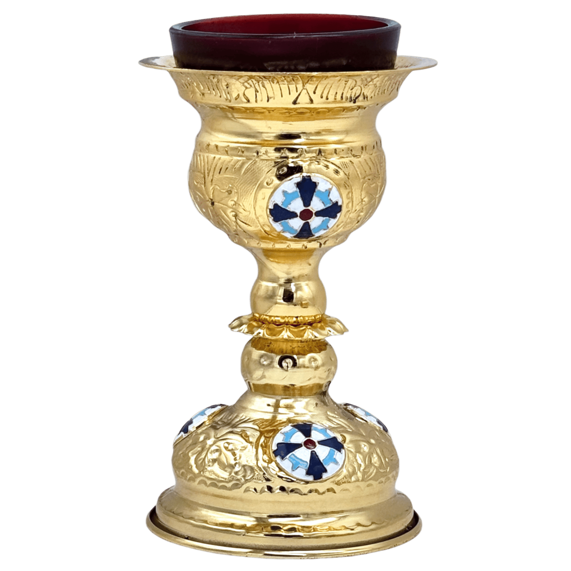 Decorative gold church chalice with religious motifs and colorful enamel accents, used in Orthodox Christian liturgical services for Holy Communion.