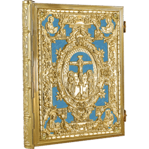 Intricately designed gold religious icon featuring scenes of the crucifixion and saints, crafted for church decoration and worship, showcasing traditional ecclesiastical art and craftsmanship.