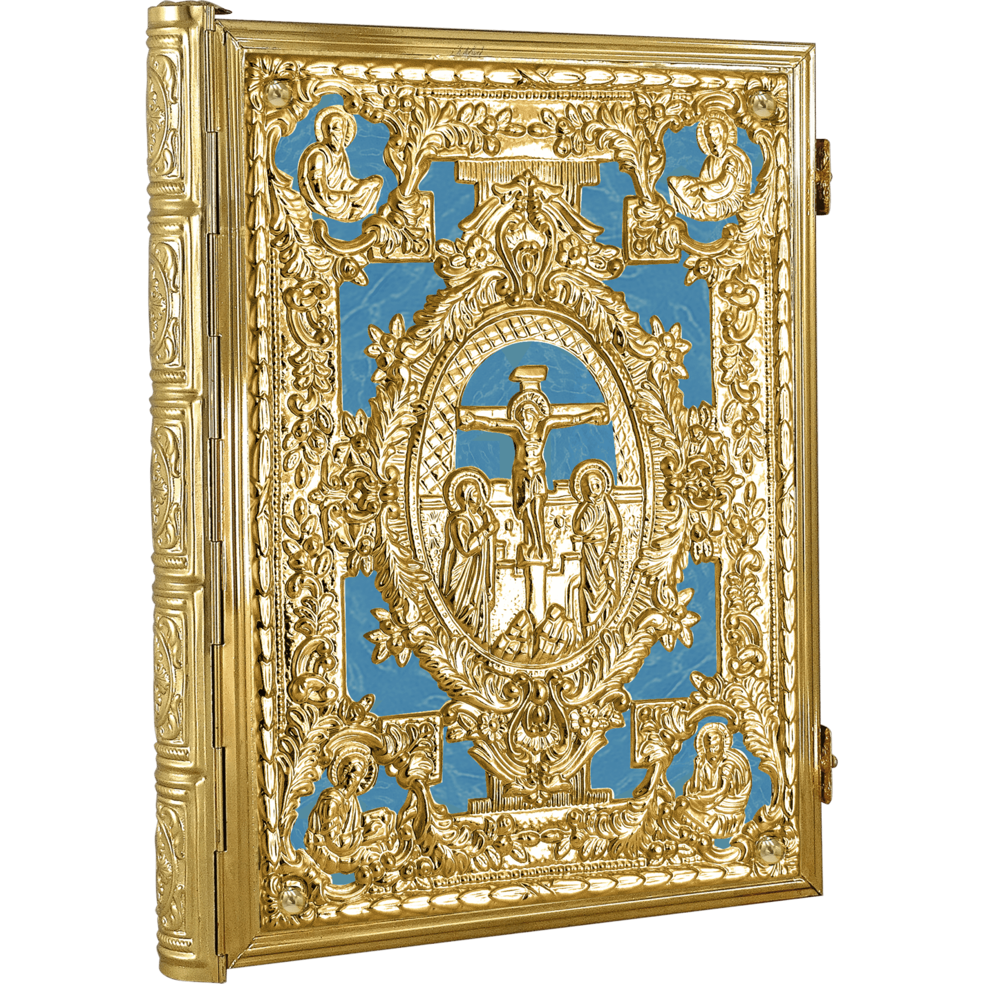Intricately designed gold religious icon featuring scenes of the crucifixion and saints, crafted for church decoration and worship, showcasing traditional ecclesiastical art and craftsmanship.