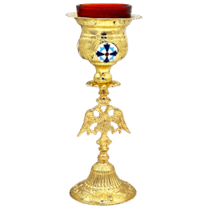 Ornate gold liturgical chalice with intricate design and religious symbols, used in church ceremonies and sacred rituals. Perfect for ecclesiastical events and religious decorations.