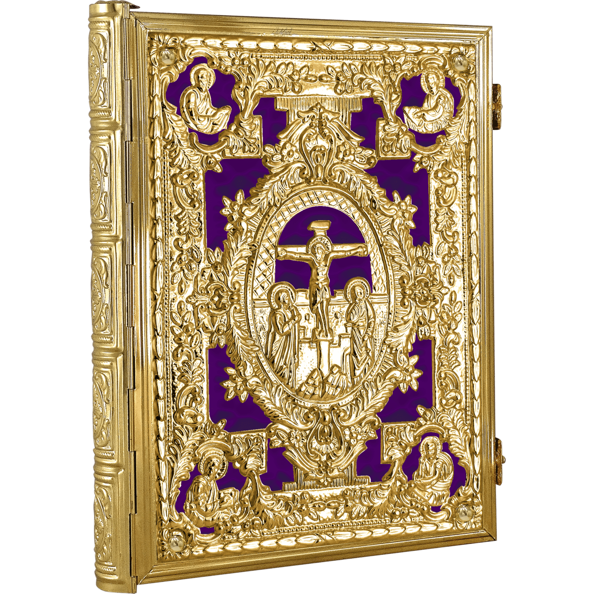 Intricate gold-embellished religious icon with detailed carvings depicting the crucifixion and saints, traditional church religious artifacts, crafted by Tsa-tsaronis Antonios.