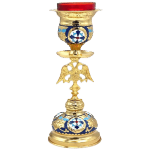 Ornate ecclesiastical candle holder with gold accents and religious symbols, ideal for church ceremonies and religious services.