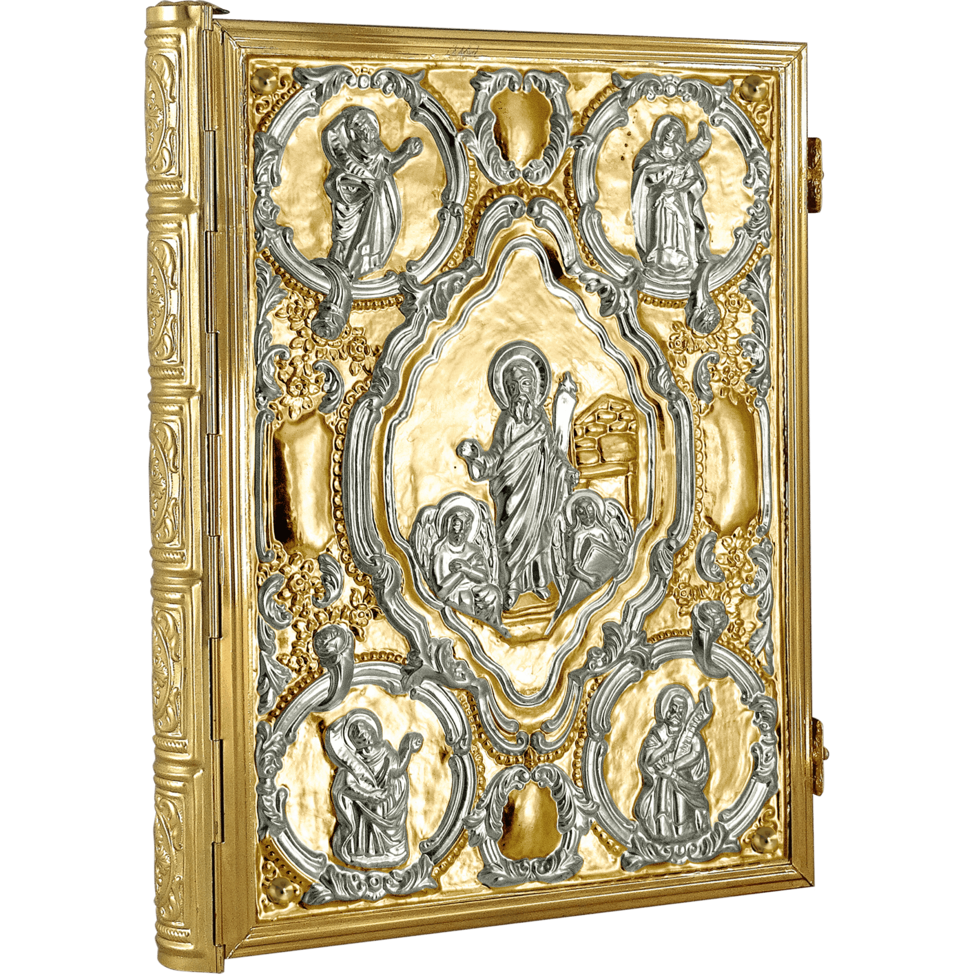 Intricately crafted religious iconostasis with silver and gold accents, featuring detailed Orthodox Christian iconography and saints, ideal for church altar decoration.