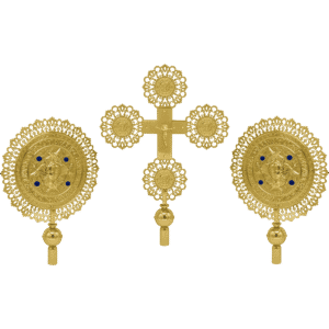 Ornate gold ecclesiastical religious relics for church decoration and sacred ceremonies.
