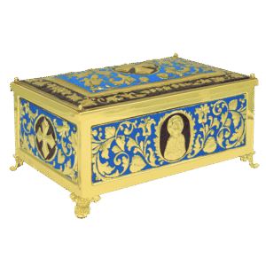 Intricate ecclesiastical reliquary chest with gold details, blue decorative accents, and religious icons, used for church treasures and sacred relics, crafted by Tsa tsaronis Antoniou.