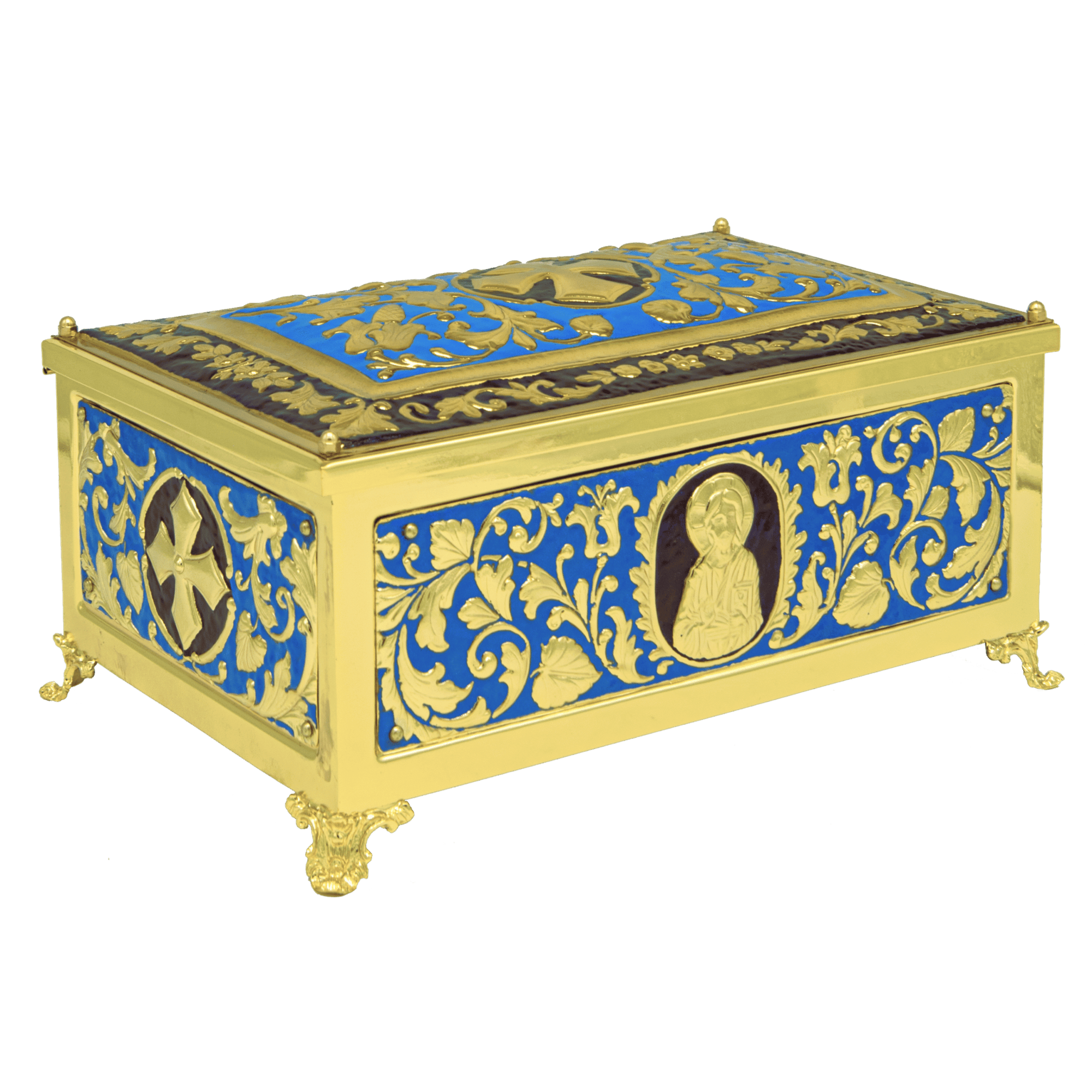 Intricate ecclesiastical reliquary chest with gold details, blue decorative accents, and religious icons, used for church treasures and sacred relics, crafted by Tsa tsaronis Antoniou.