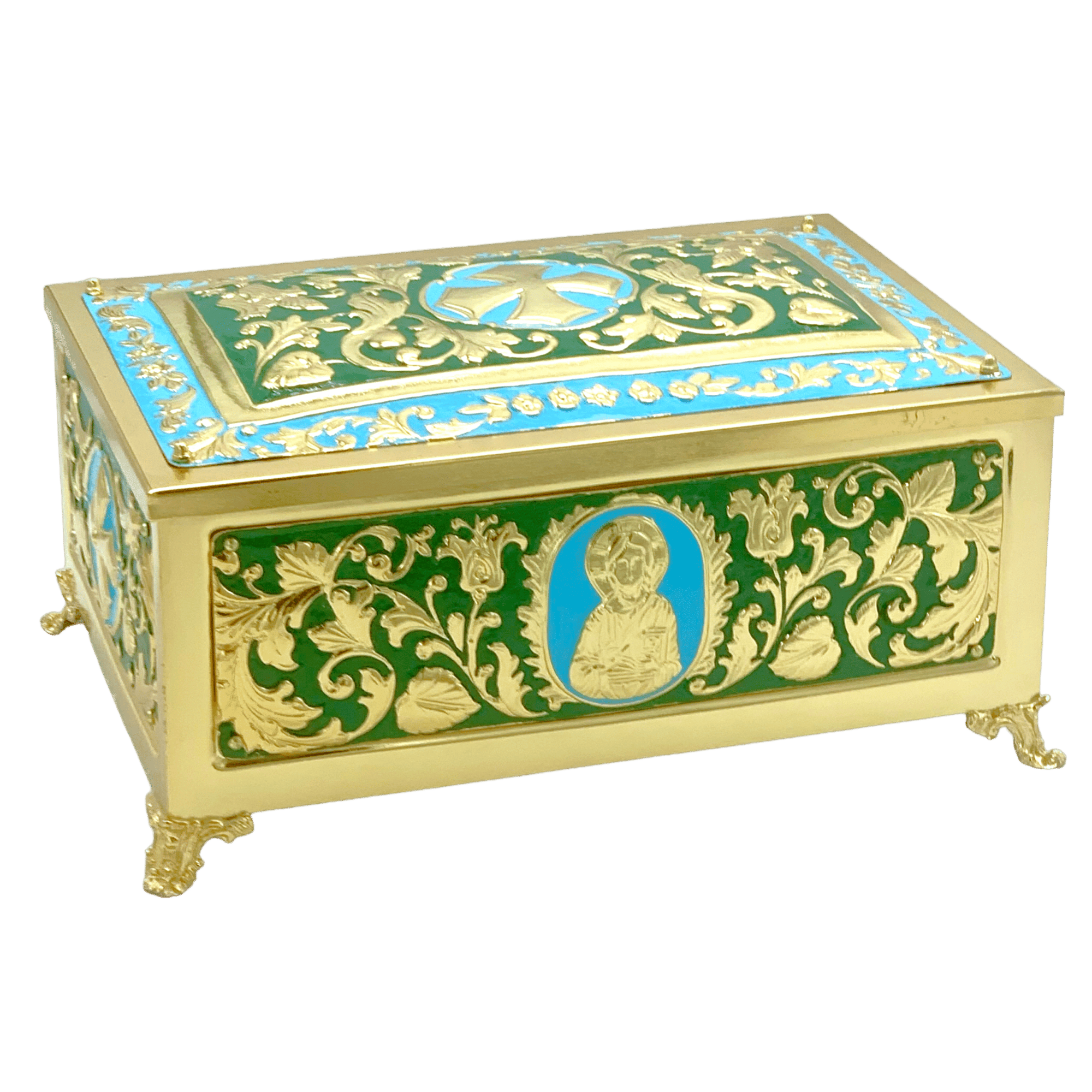 Exclusively crafted Orthodox Christian reliquary box featuring intricate gold and enamel decorations, perfect for church religious artifacts and ecclesiastical items.