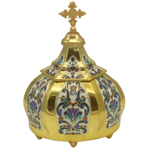 Ornate gold religious censer with colorful enamel floral patterns, used in Orthodox Christian church services.