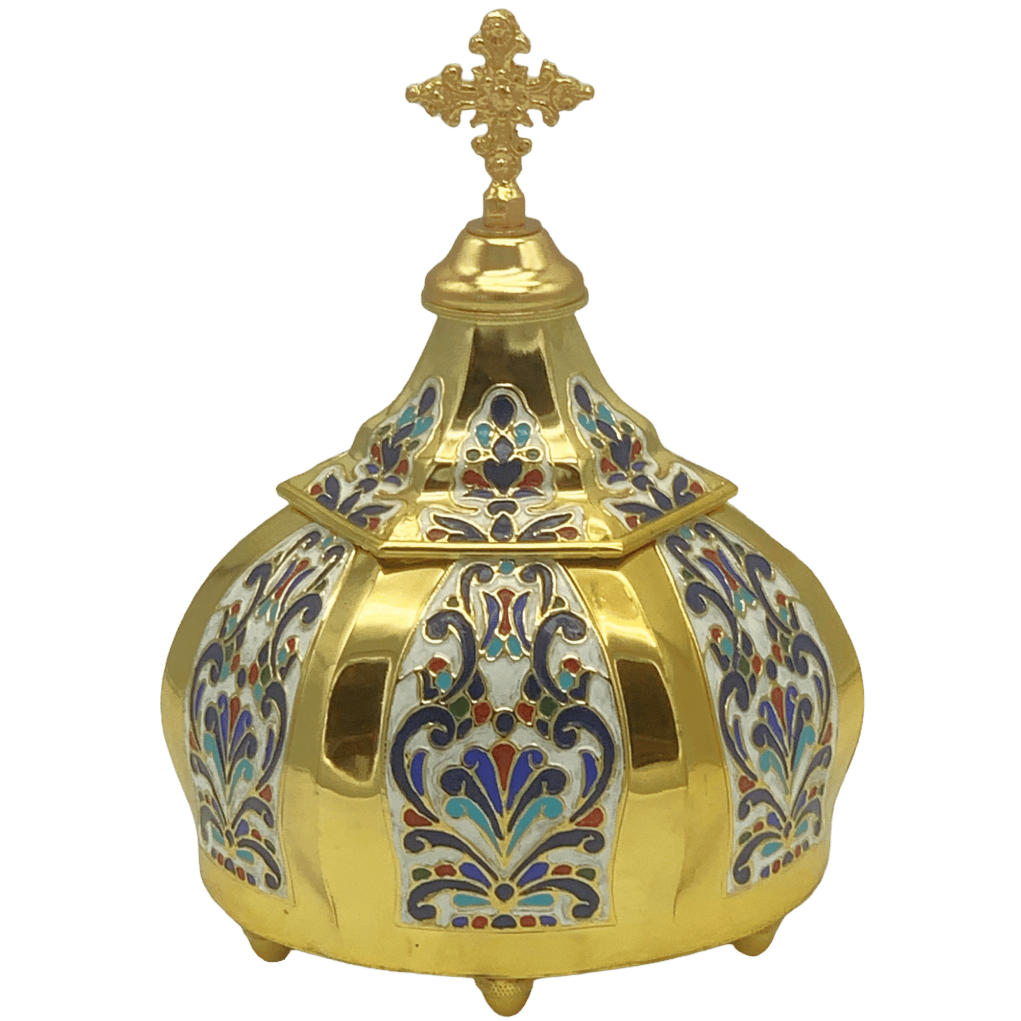 Ornate gold religious censer with colorful enamel floral patterns, used in Orthodox Christian church services.