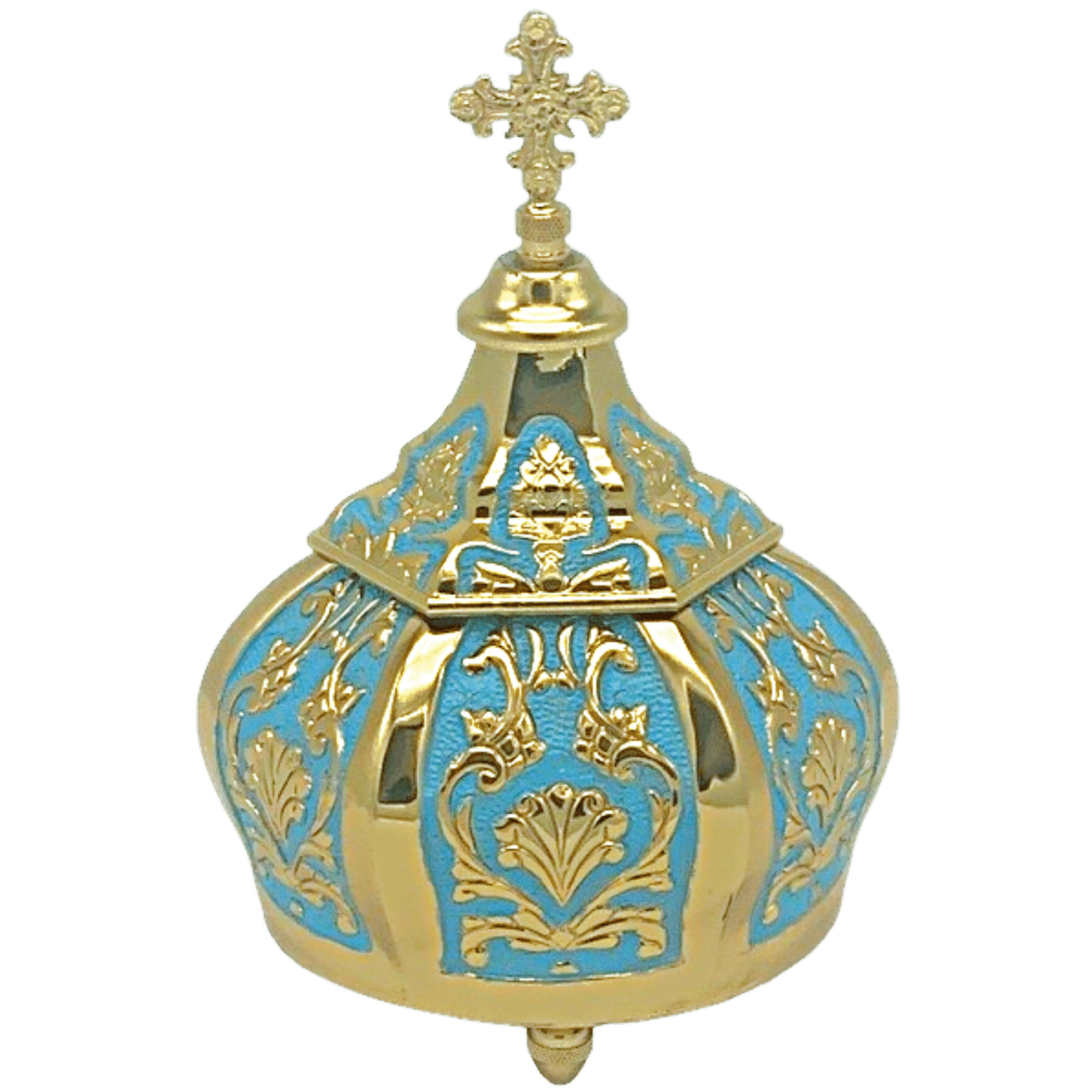 Ornate gold and blue Orthodox church censer with intricate religious design, used in liturgical services for incense burning, representing sacred worship objects in Greek Orthodox tradition.