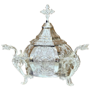 Ornate silver church censer with detailed engravings, used in Orthodox liturgical ceremonies, crafted by Tsa tsaronis Antonios.