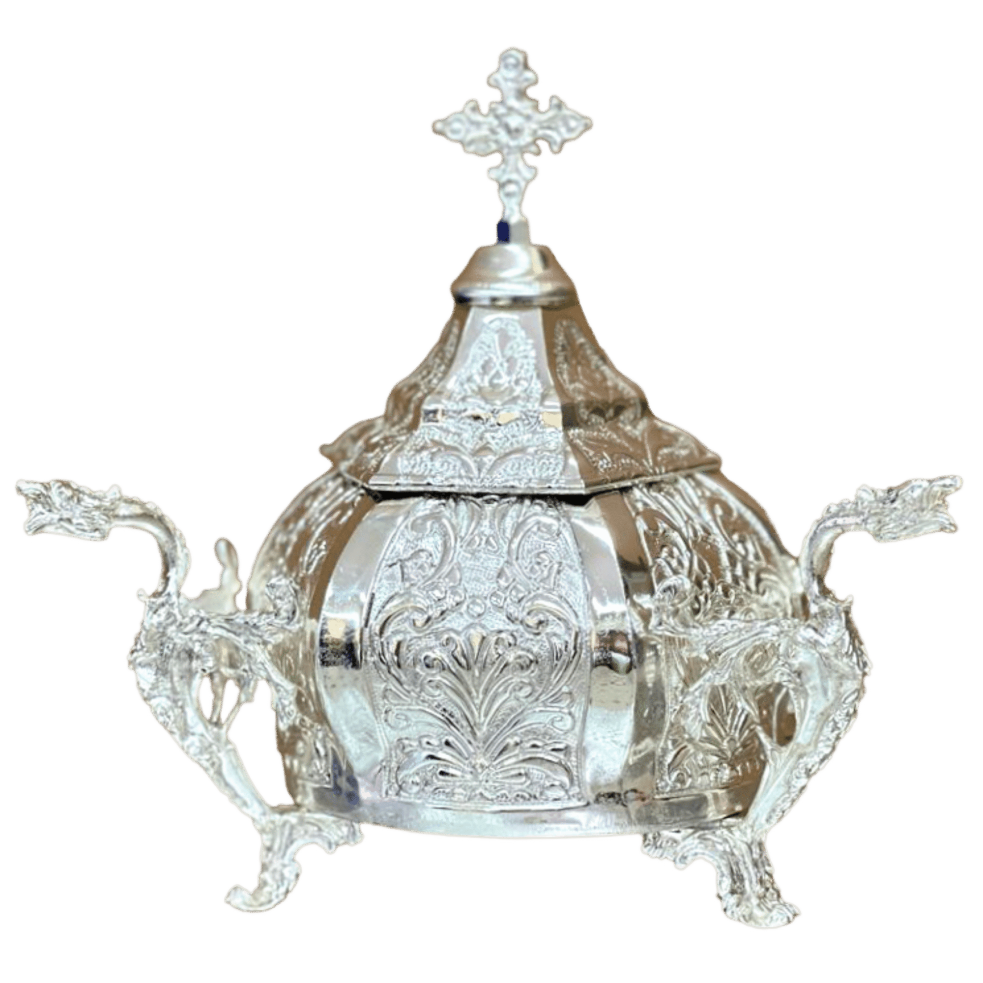 Ornate silver church censer with detailed engravings, used in Orthodox liturgical ceremonies, crafted by Tsa tsaronis Antonios.