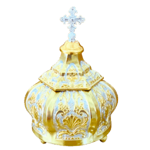 Intricate gold and silver religious ciborium with cross top, traditional ecclesiastical liturgical item, ideal for Orthodox church ceremonies and church altar use.