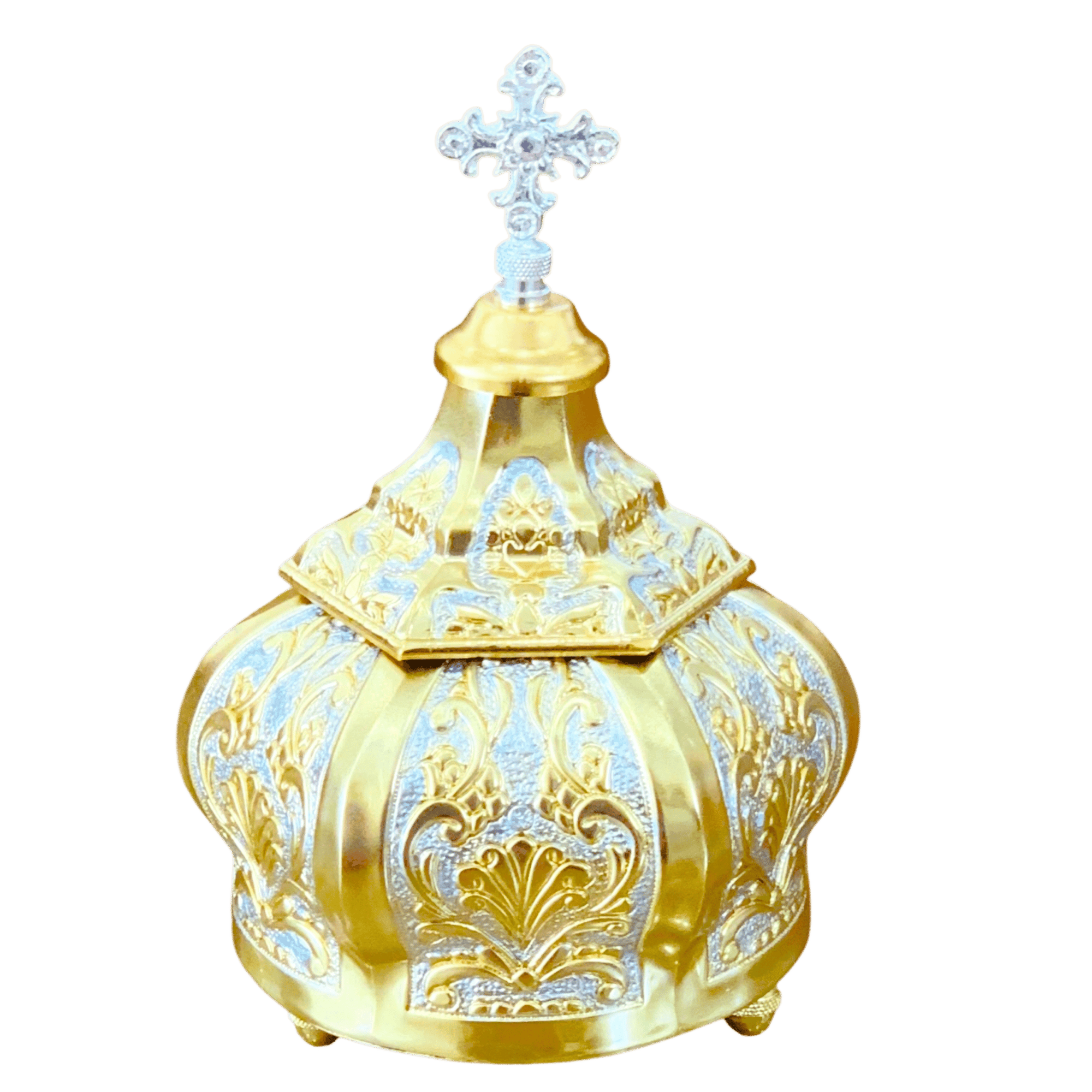 Intricate gold and silver religious ciborium with cross top, traditional ecclesiastical liturgical item, ideal for Orthodox church ceremonies and church altar use.