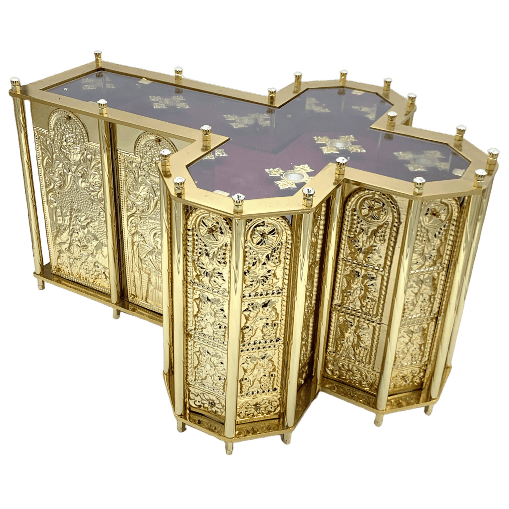 Intricate golden ecclesiastical liturgical furniture with detailed carvings and glass top, used in church ceremonies. Crafted by Tsaτsaronis Anthonios, ideal for religious altar setup and sacred rituals.