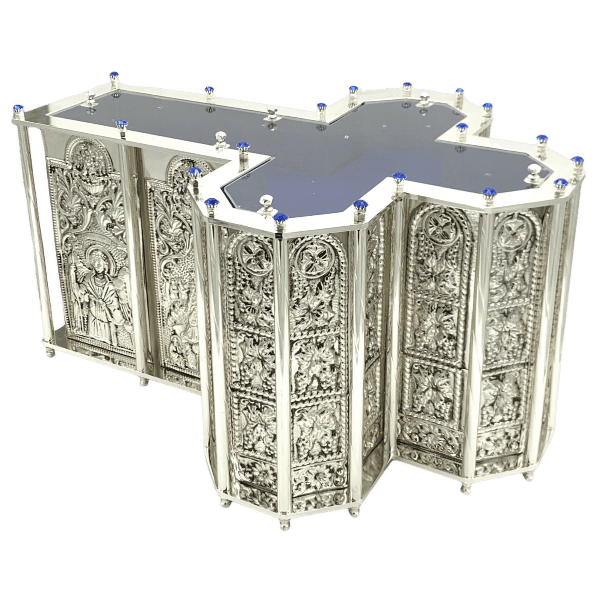 Intricate silver ecclesiastical relic containing detailed religious carvings and iconography, used for church ceremonies and religious rituals. Perfect for Orthodox Christian worship spaces.