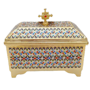 Intricate ecclesiastical reliquary box with colorful mosaic pattern, ornate cross on top, used for sacred religious artifacts, crafted for church liturgical purposes.