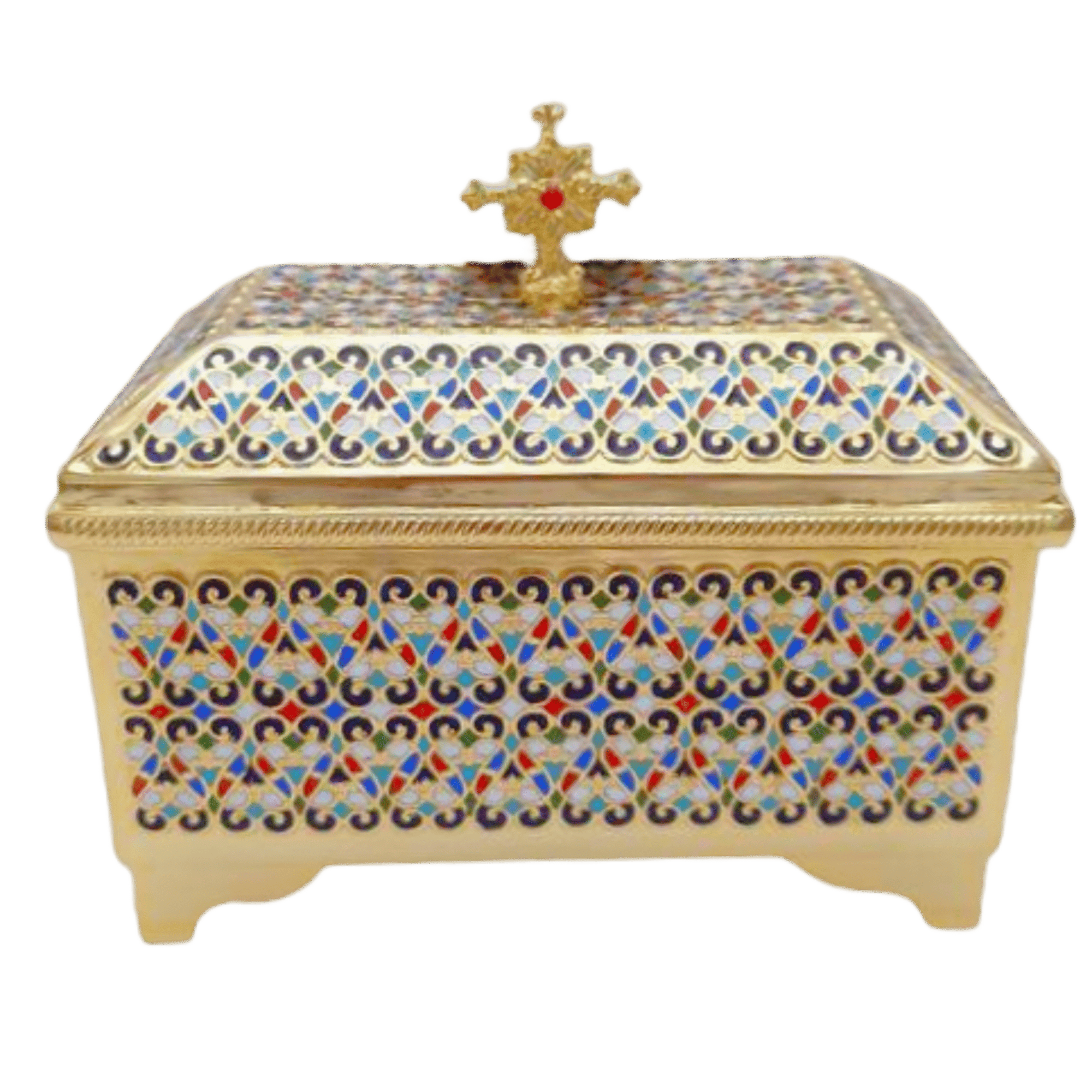 Intricate ecclesiastical reliquary box with colorful mosaic pattern, ornate cross on top, used for sacred religious artifacts, crafted for church liturgical purposes.